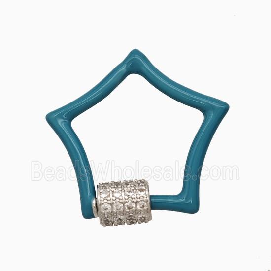 Copper Carabiner Clasp Pave Zirconia Teal Enamel Star Platinum Plated