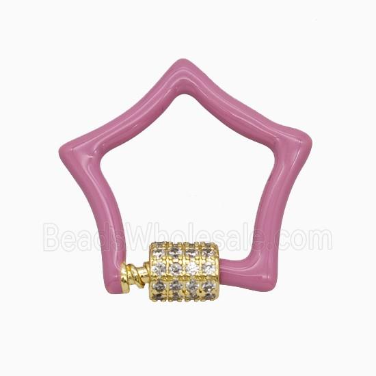 Copper Carabiner Clasp Pave Zirconia Pink Enamel Star Gold Plated