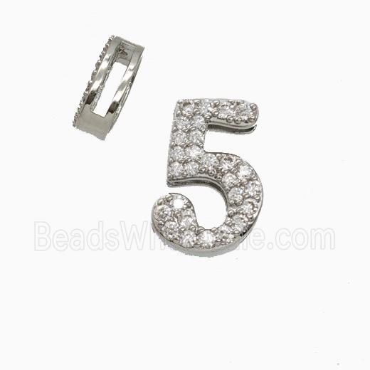 Copper Number-5 Beads Pave Zirconia Flat Hole Platinum Plated