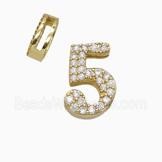 Copper Number-5 Beads Pave Zirconia Flat Hole Gold Plated