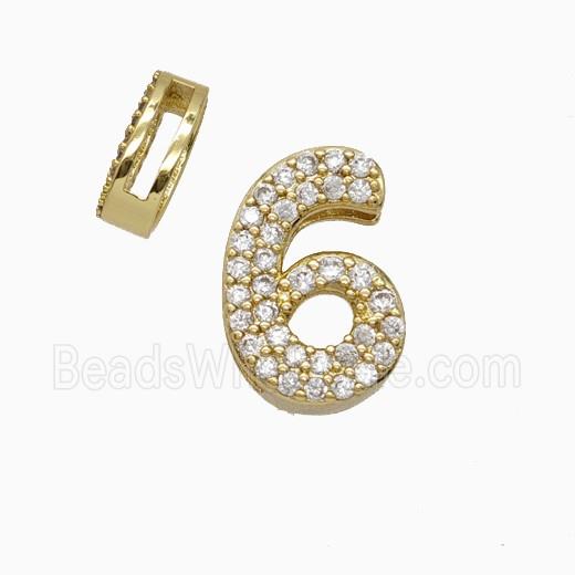 Copper Number-6 Beads Pave Zirconia Flat Hole Gold Plated