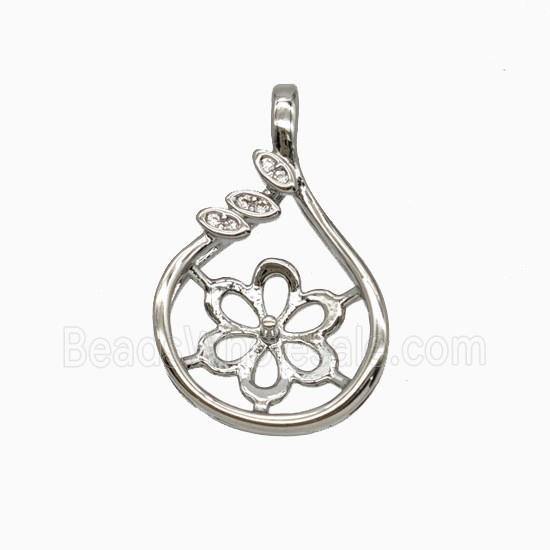 Copper Flower Pendant Pave Zirconia With Bail Platinum Plated