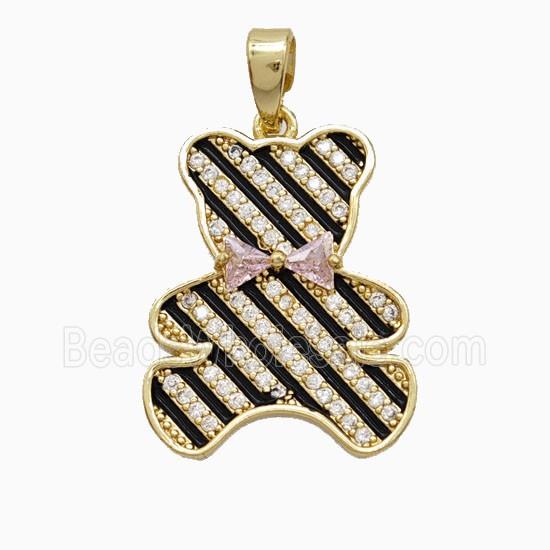 Copper Bear Pendant Pave Zirconia Black Enamel Gold Plated