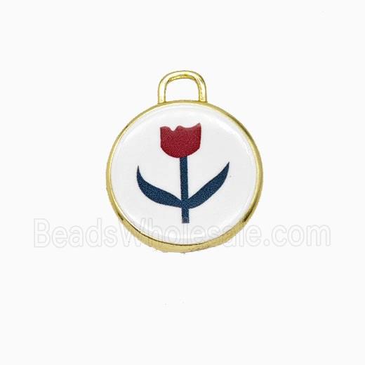 Copper Circle Pendant Painted Flower Gold Plated