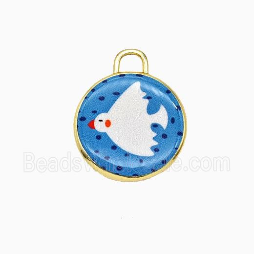 Copper Circle Pendant Painted Birds Gold Plated