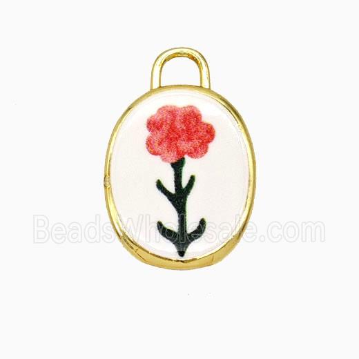 Copper Oval Pendant Painted Flower Gold Plated
