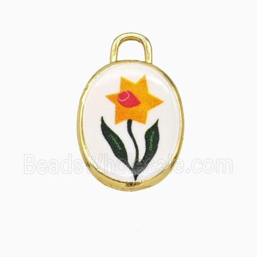 Copper Oval Pendant Painted Flower Gold Plated