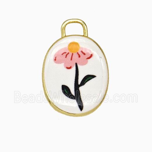 Copper Oval Pendant Painted Flower Gold Plated