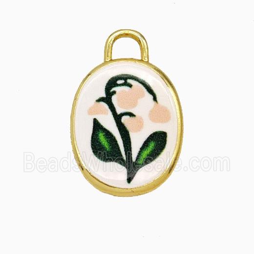 Copper Oval Pendant Painted Flower Gold Plated