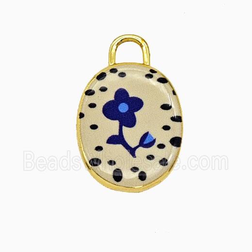 Copper Oval Pendant Painted Flower Gold Plated