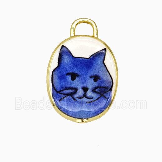 Copper Oval Pendant Painted Cat Gold Plated