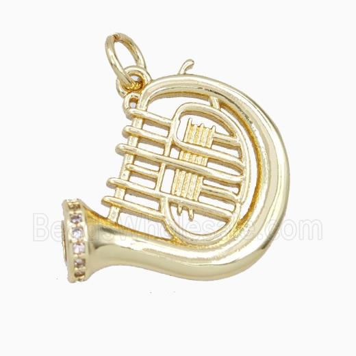 French Horn Charms Copper Musical Pendant Pave Zirconia Gold Plated