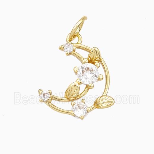 Copper Moom Pendant Pave Zirconia Leaf Gold Plated