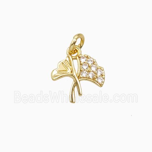 Ginkgo Leaf Charms Copper Pendant Pave Zirconia Gold plated