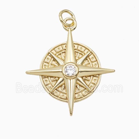 Copper Compass Pendant Pave Zirconia Gold Plated
