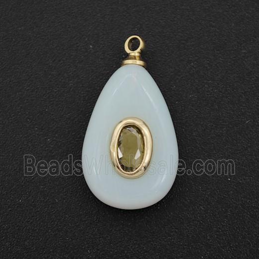 White Dye Jade Teardrop Pendant Pave Zirconia