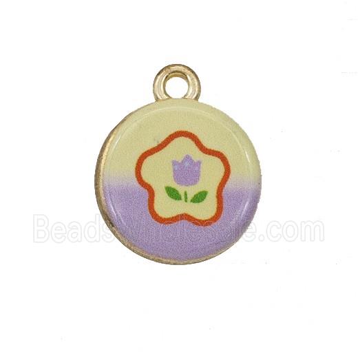 Alloy Coin Pendant Flower Painted Gold Plated