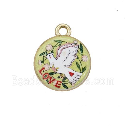 Alloy Coin Pendant Dove Birds Painted Gold Plated