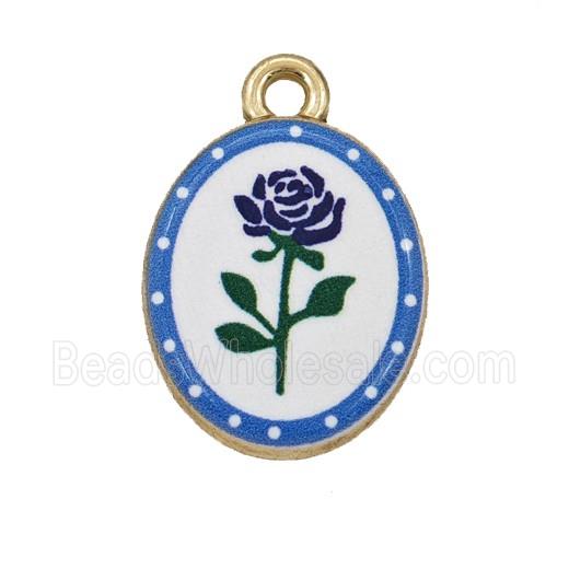 Alloy Oval Pendant Flower Painted Gold Plated