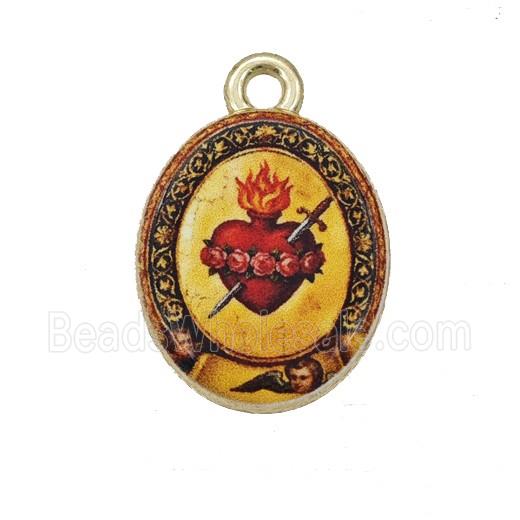 Alloy Oval Pendant Sacred Heart Painted Gold Plated
