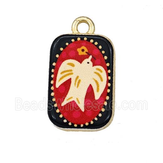 Alloy Rectangle Pendant Birds Painted Gold Plated