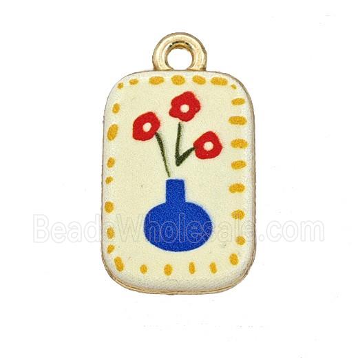 Alloy Rectangle Pendant Flower Painted Gold Plated