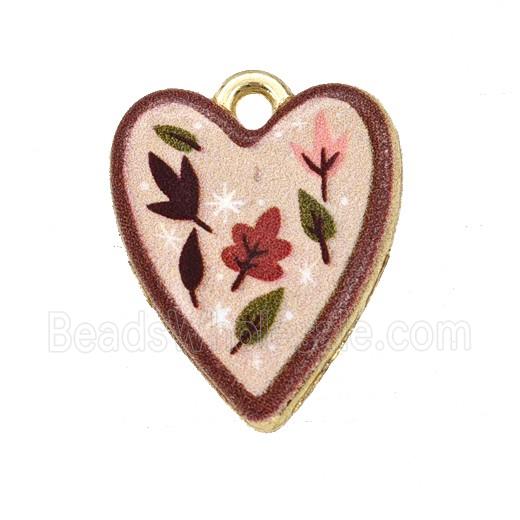 Alloy Heart Pendant Flower Painted Gold Plated