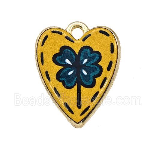 Alloy Heart Pendant Flower Painted Gold Plated