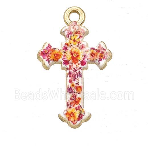 Alloy Cross Pendant Flower Painted Gold Plated