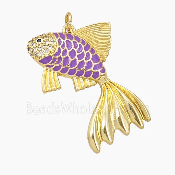 Copper Fish Pendant Pave Zirconia Purple Enamel Gold Plated