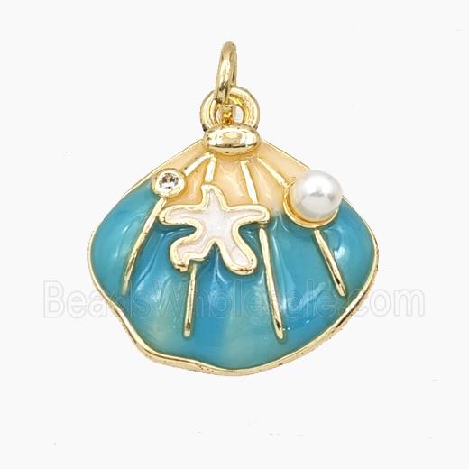 Copper Scallop Shell Pendant Pave Resin Teal Enamel Gold Plated