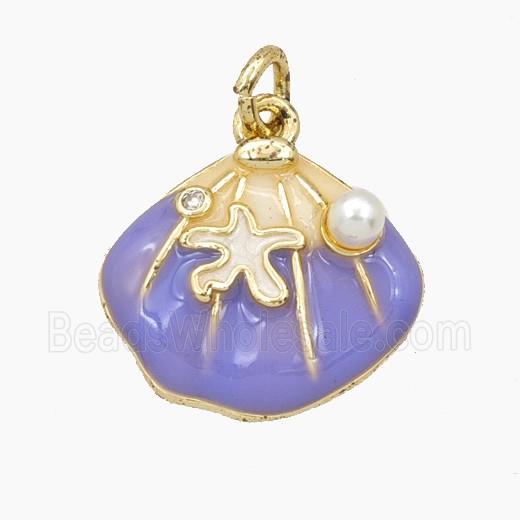 Copper Scallop Shell Pendant Pave Resin Purple Enamel Gold Plated