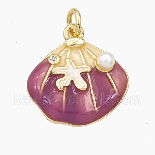 Copper Scallop Shell Pendant Pave Resin Purple Enamel Gold Plated