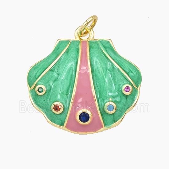 Copper Scallop Shell Pendant Pave Zirconia Green Enamel Gold Plated