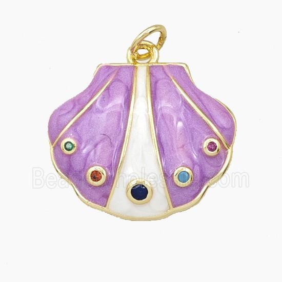 Copper Scallop Shell Pendant Pave Zirconia Purple Enamel Gold Plated