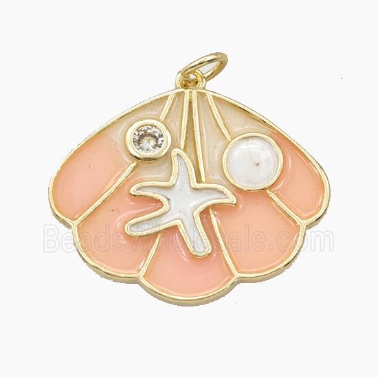 Copper Scallop Shell Pendant Pave Zirconia Starfish Pink Enamel Gold Plated