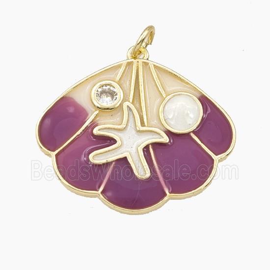 Copper Scallop Shell Pendant Pave Zirconia Starfish Purple Enamel Gold Plated