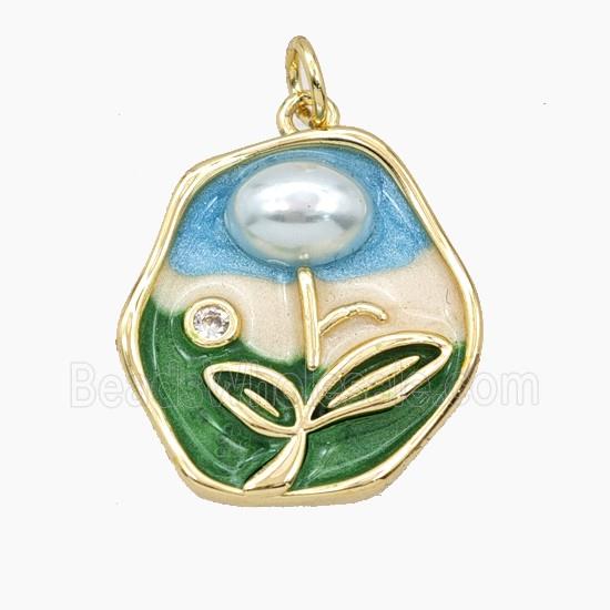 Copper Flower Pendant Pave Resin Enamel Gold Plated