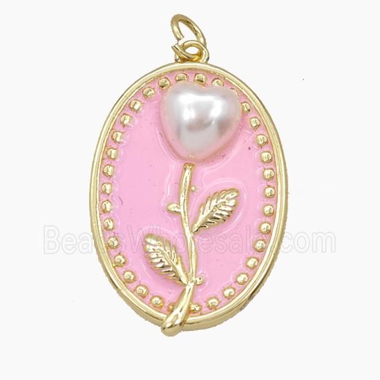 Copper Flower Pendant Pave Resin Pink Enamel Oval Gold Plated