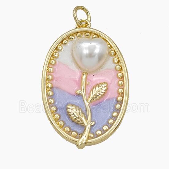 Copper Flower Pendant Pave Resin Enamel Oval Gold Plated