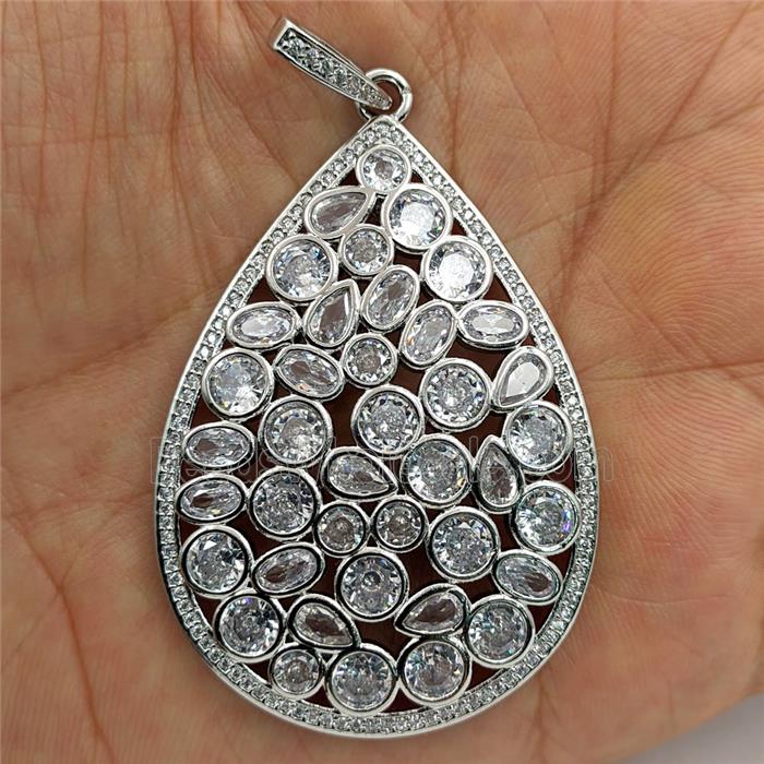 Copper Teardrop Pendant Micropave Zirconia Flat Platinum Plated