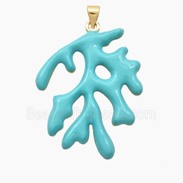 Copper Coral Branch Pendant Teal Enamel Gold Plated