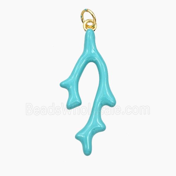 Copper Coral Branch Pendant Teal Enamel Gold Plated