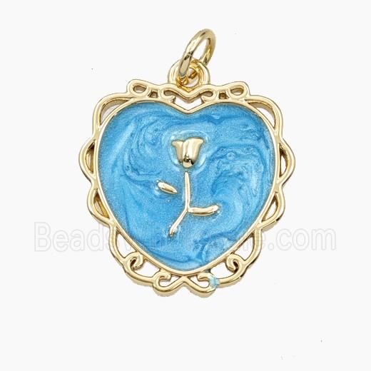 Copper Heart Pendant Blue Enamel Flower Gold Plated