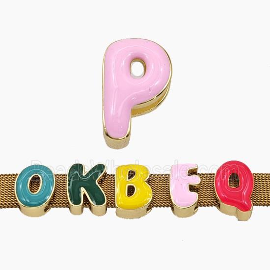Copper Letter-P Beads Enamel Flat Hole Gold Plated
