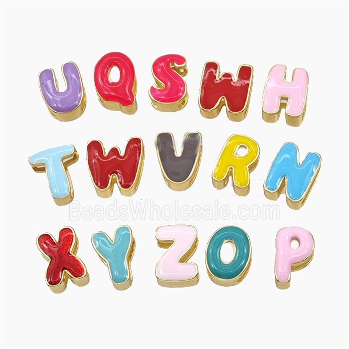Copper Alphabet Beads Enamel Flat Hole Gold Plated Mixed Letters