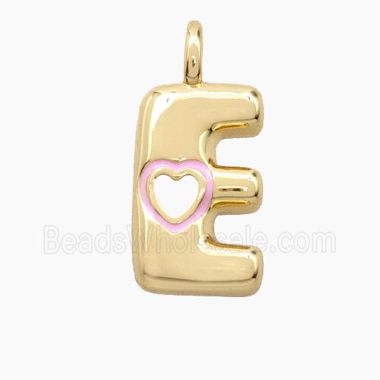 Copper Letter-E Pendant Pink Enamel Heart Gold Plated