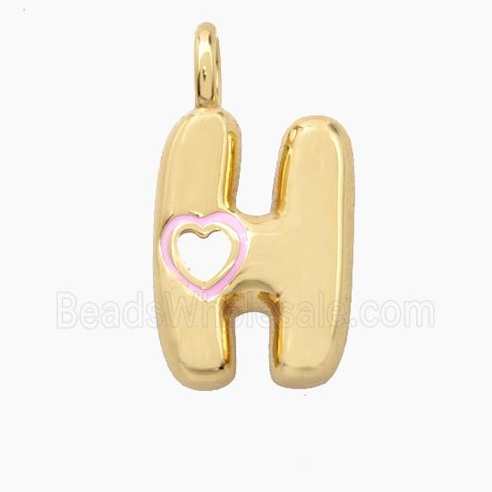 Copper Letter-H Pendant Pink Enamel Heart Gold Plated