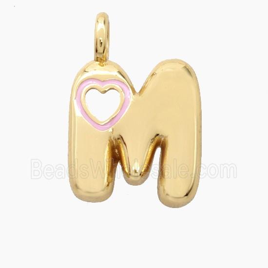 Copper Letter-M Pendant Pink Enamel Heart Gold Plated