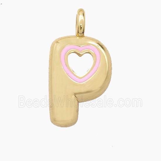Copper Letter-P Pendant Pink Enamel Heart Gold Plated
